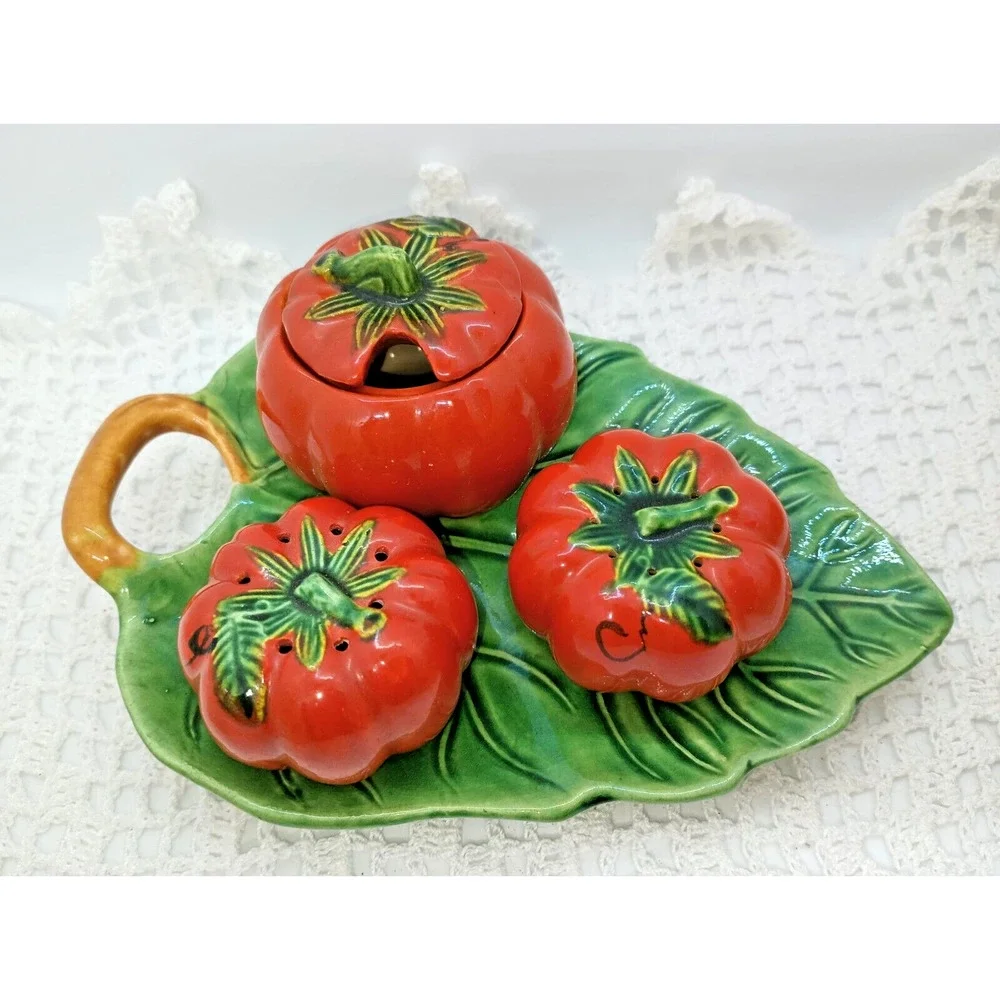 Occupied Japan Tomatoes Salt & Pepper and Condiment Container Leaf Tray Vintage